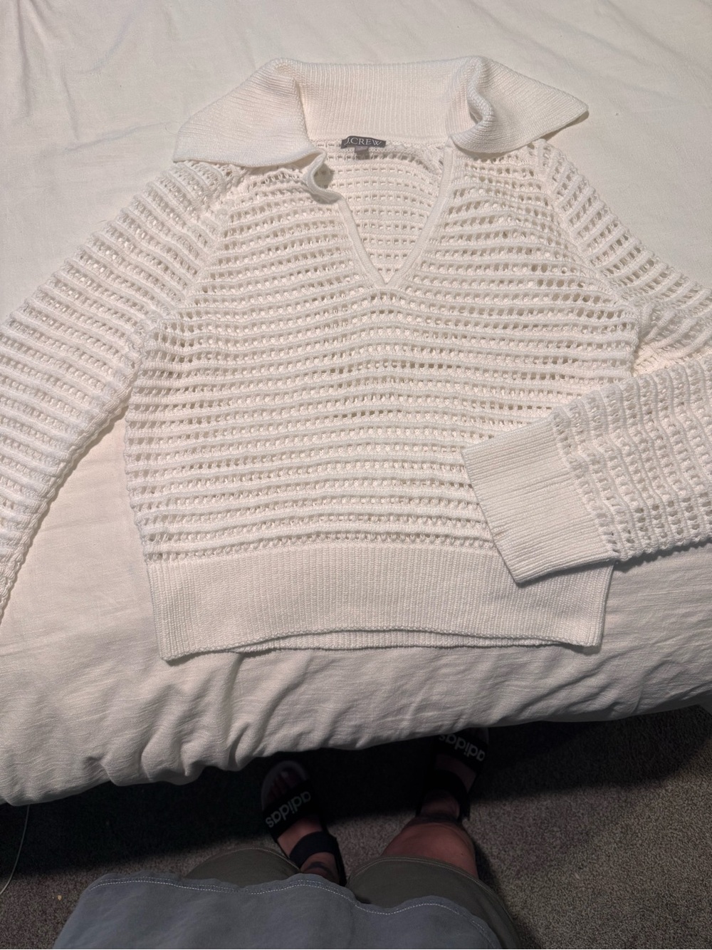 J. Crew White Open-Weave Collared V-Neck Sweater
